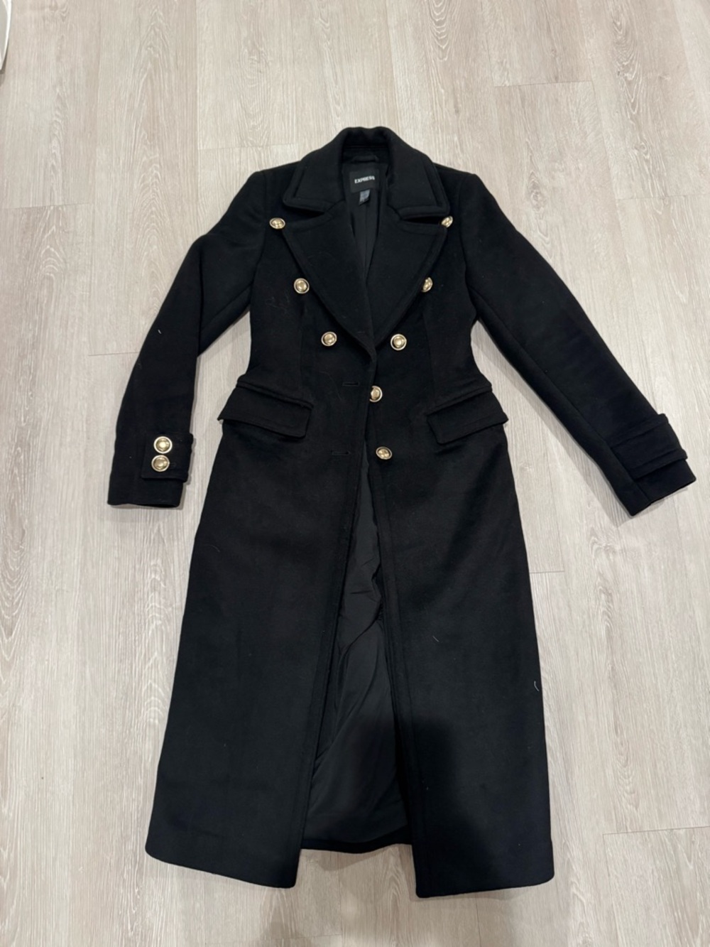 Express Black Double-Breasted Long Coat with Gold Buttons